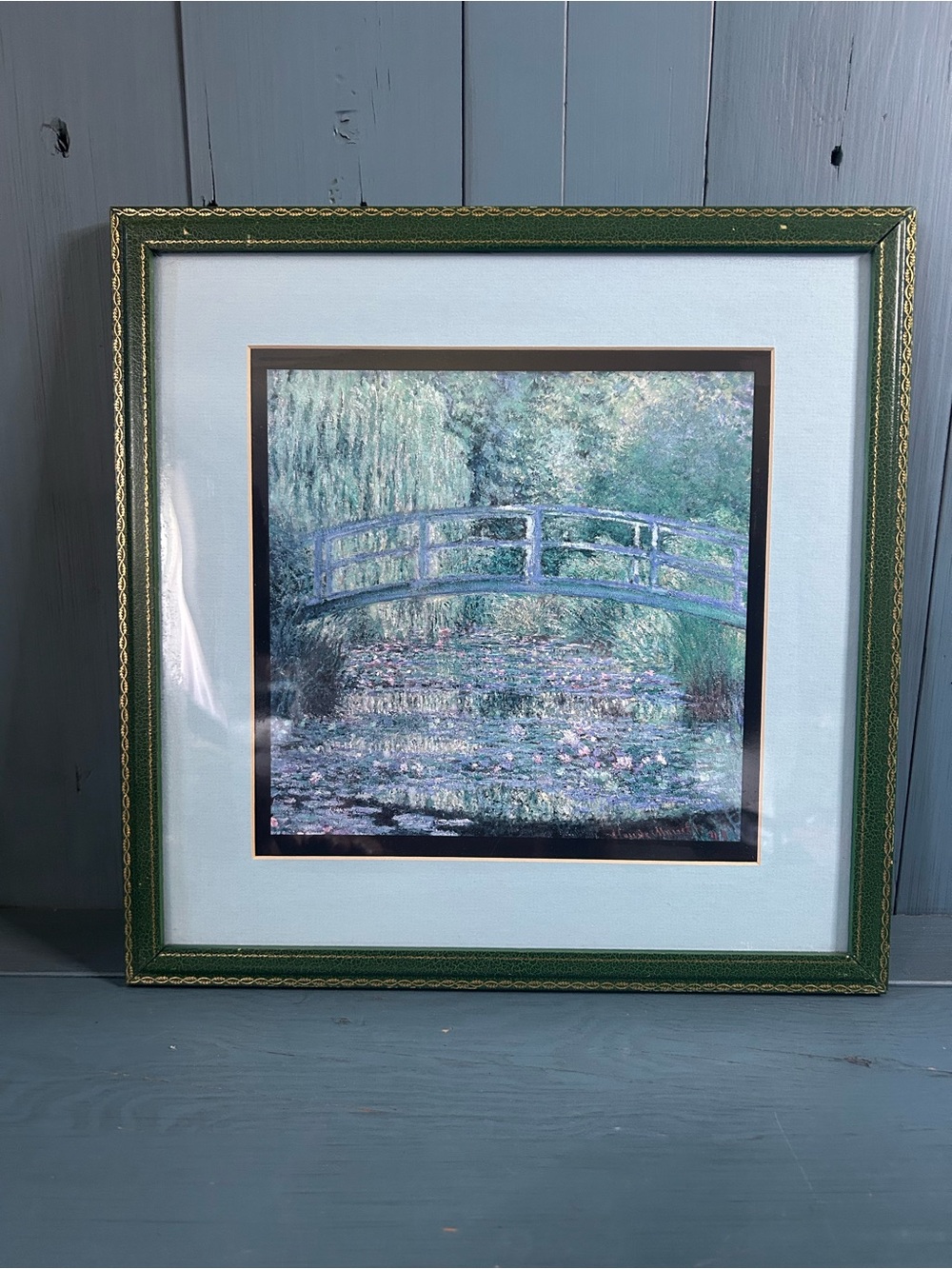 Claude Monet 1899 Green Framed Bridge Waterlilies Art Print | 14 x 14 Inches
